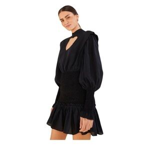 Farm Rio SMOCKED MOCK NECK CUTOUT LONG SLEEVE DRESS IN BLACK NWOT